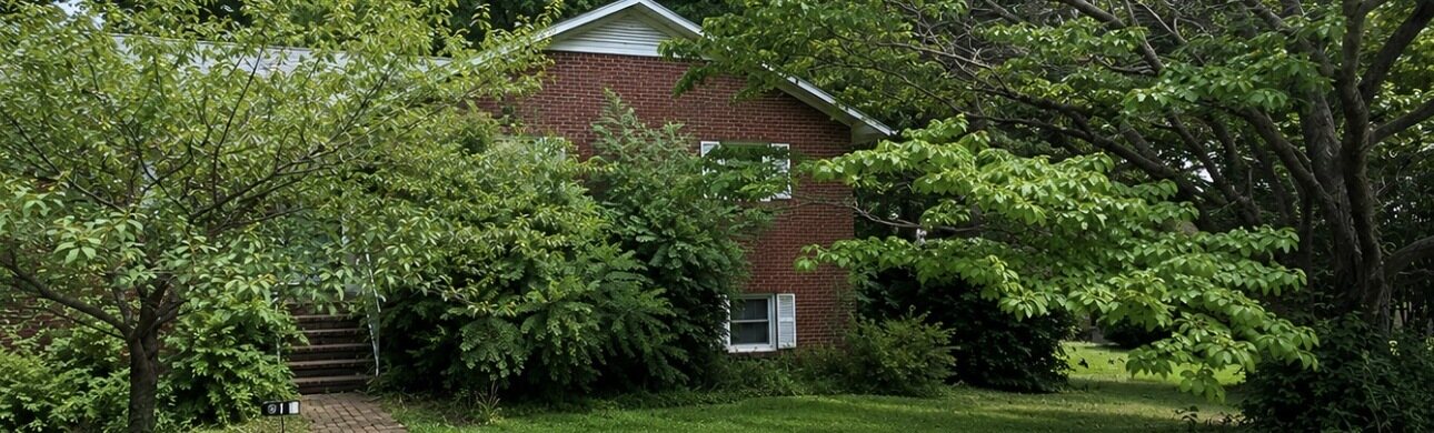 A brick house mostly hidden behind overgrown shrubs and low limbs